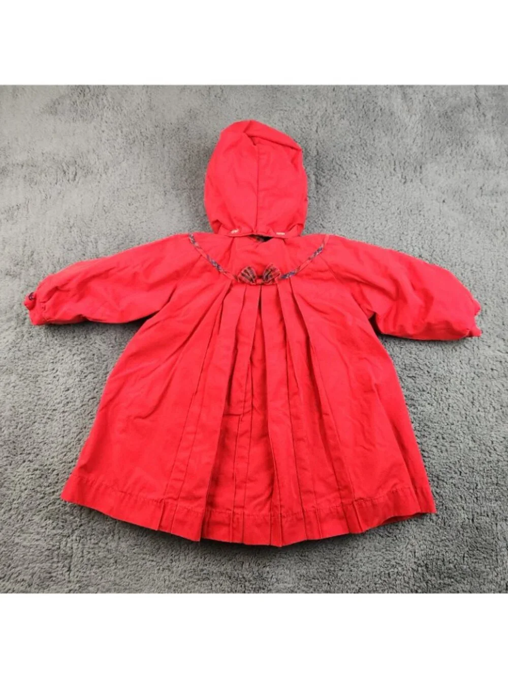 VTG Rothschild Pea Coat Girls‎ 3T Red Blue Fur Lined Bow Pleated Hooded Holiday